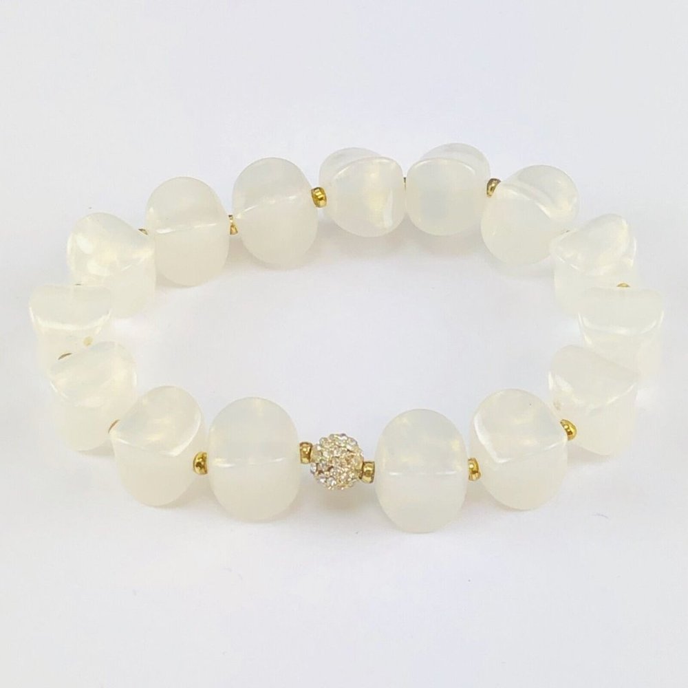 Bracelet Shimmery White with Gold Tone Beads & Crystal Ball